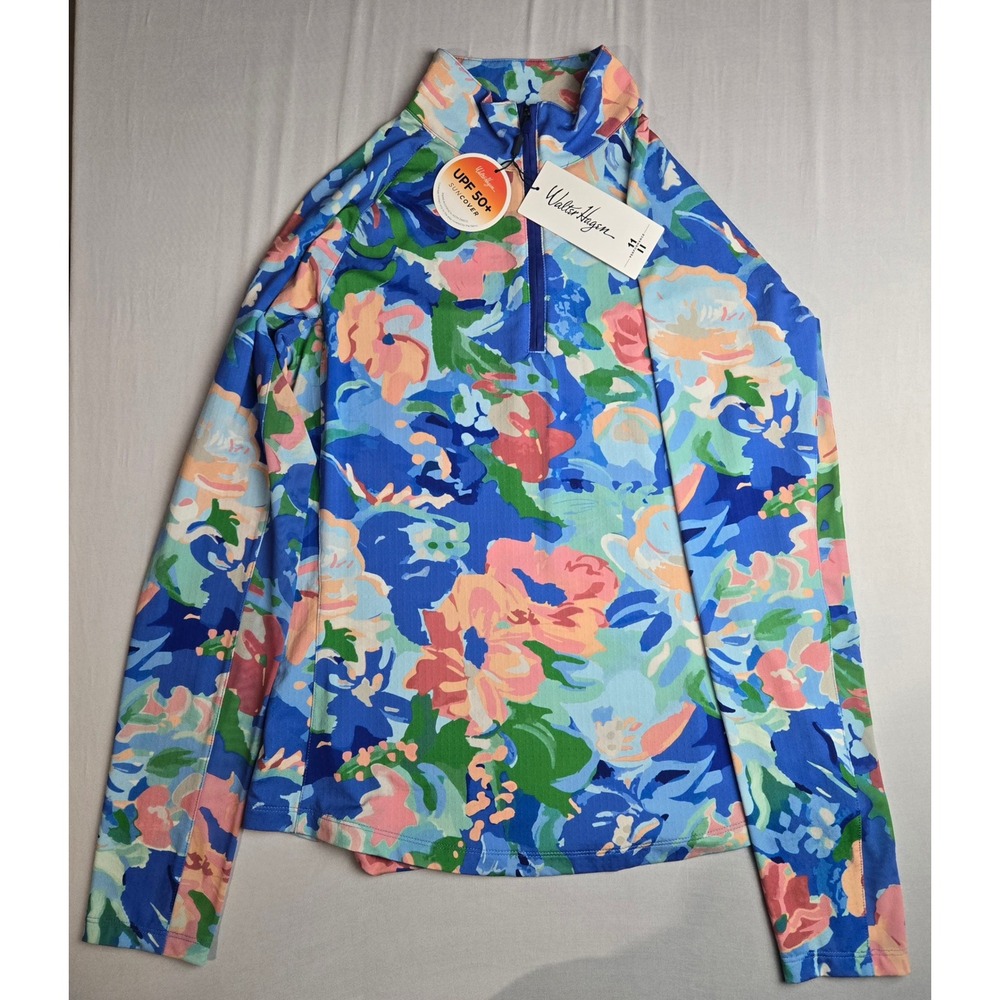 Walter Hagen Women Performance 11 UPF 50+ Floral 1/4 Zip Golf Top Blue Small NWT